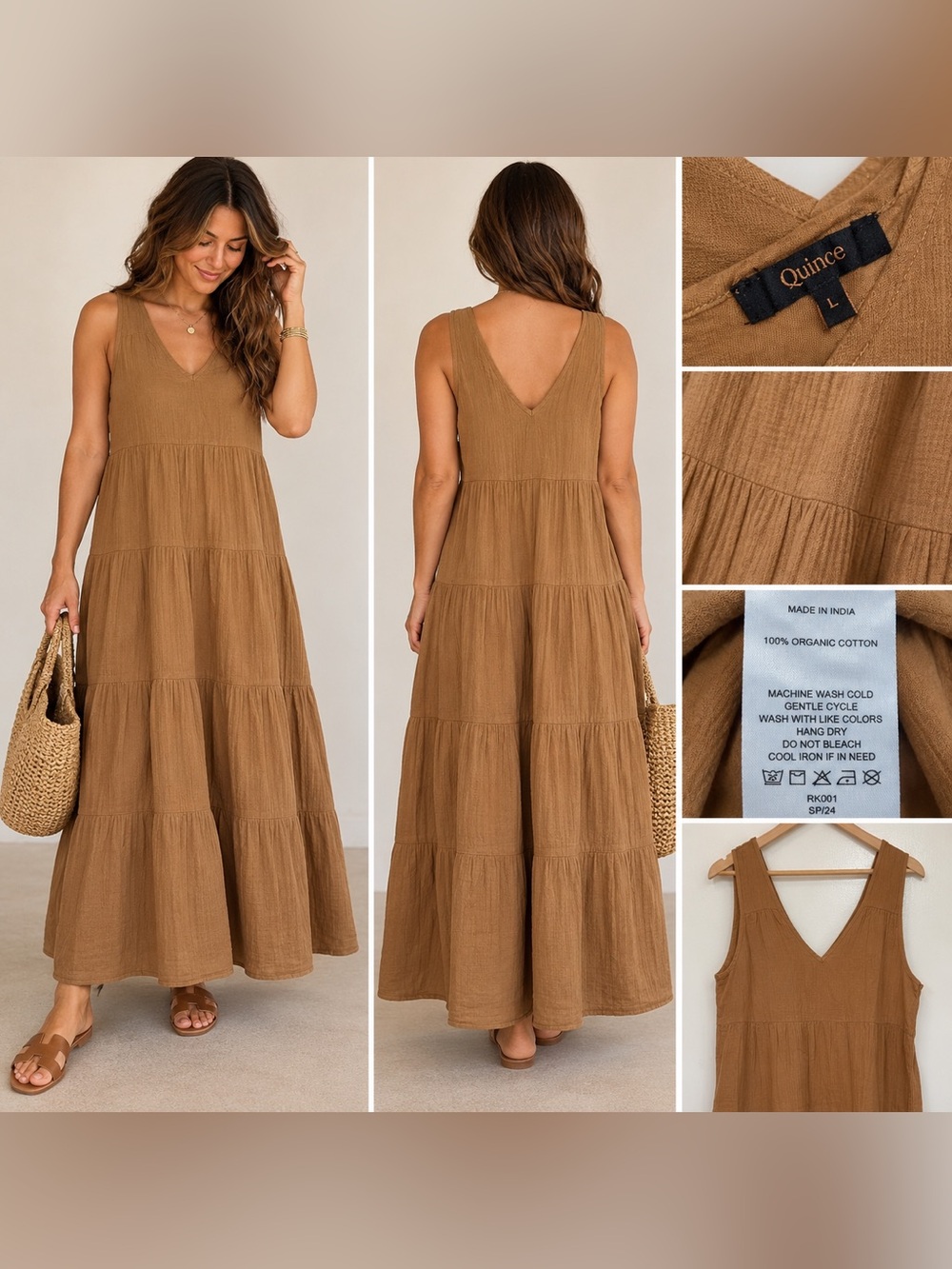 Quince Organic Cotton Gauze Tiered Maxi Dress Size L Camel Brown